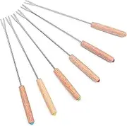 6pcs Fondue Fork Set with Oak Handle, Stainless Steel for Cheese, Chocolate Fountain