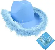 [Wovella] Light Blue Cowboy Hat with Feathers for Women Denim Cowgirl Hat Perfect for Party Costume Accessories Halloween Costume