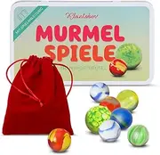 Kleintober 25 Premium Marbles, Glass Marbles, Marble Game in Metal Tin with Instructions for 5 Games and Transport Bag, Marble Classic, Partly Handmade, Children's Gifts