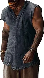 [VgueElegc] Men's Raw Edge Cotton Linen Tank Tops Male Raw Edge Sleeveless Shirt Linen Tank Top Distressed for Men