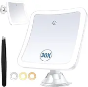 PIMPLEGO Magnifying Mirror with Light 30x, Lighted Makeup Mirror with Magnification, Rechargeable Magnifying Mirror Suction Cup with 1500 mAh Lithium Battery, Vanity Mirror for Precision Makeup