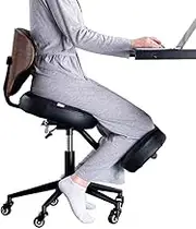 YEMOMSEAT Kneeling Chair,Ergonomic for Office with Wood Back Support,Walnut Finish,Height and Angle Adjustable to Reduce Back Pain,Upright Sitting Posture, Thick Comfortable Cushions, Black