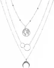 [Generic] Sterling Silver Layered Necklace Set, World Globe Charm, Crescent Moon Pendant, Circle Links