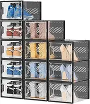Shoe Boxes Stackable, Large 12 Pack Shoe Storage Box Clear Black Plastic Organizers, Space Saving Foldable Shoe Rack for Closet, Sneakers