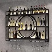 Metal Wall Mounted Wine Rack, Hanging Round Wine Rack Cabinet, Multifunctional Storage Rack, Vintage Style Wine Bottle Shelf, with Wine Glass Holder, for Home Restaurant Bars(Black