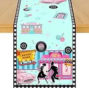1950s Theme Table Runner, 50s Rock and Roll Retro Diner Linen Fabric Table Runner for Everyday Use 72 x 13 Inches, Washable Table Cover for Indoor Outdoor Kitchen Dining Table Decor