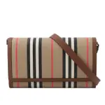 【BURBERRY 巴寶莉】HANNAH ICON STRIPE 經典條紋皮夾式斜背包(米色/棕褐色)