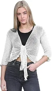 [Janisramone] Women's Shrugs, Double Fine Knit Tie Up Bolero Shrug for Women - Lightweight and Stretchy Summer Tie Front Cardigan Cropped Top for Women