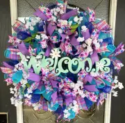 Summer Blues Welcome Spring Easter Deco Mesh Wreath Farmhouse Cottage Decor