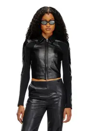 [Diesel] Diesel - Cropped leather jacket with knit inserts - Leather jackets - Woman - Black 38 Black