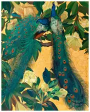 Peacocks on a Golden Background A1 High Quality Canvas or Art Paper Print