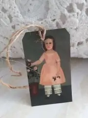Primitive Girl in Peach Dress With Rose Bush Tags