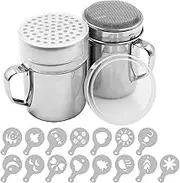 Powdered Sugar Shaker Duster with Handle, SENHAI 2pcs Stainless Steel Powder Shakers for Sugar Pepper Cinnamon Powder Flour with Printing Molds Stencils - Fine & Large Mesh