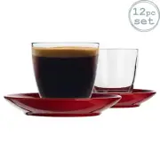 12pc Glass Coffee Cup Ceramic Saucer Set Tumbler Latte Cappuccino Red 220ml