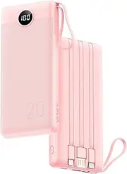 20000mAh Power Bank 22.5W Fast Charging, VRURC Portable Charger with Built in Cables, PD & QC 3.0 USB C Battery Pack with 4 Output 2 Input LED Display for iPhone 16 15 14 Samsung Android Phones,Pink