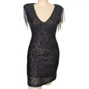 Betsey Johnson Sequin Dress Small Fringe Sleeve Party Event Cocktail Glam LBD