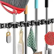 Piyl Metal Broom Mop Holder Wall Mount, Slidable Stainless Steel Wall Organizer Garage Storage Garden Utility Rack Tool Organization Wall (1 Pack 4R5H, Black)
