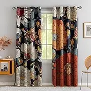 Tyrot Black Boho Floral 100% Blackout Curtains for Bedroom 96 inch Long 2 Panels Mid Century Botanical Black Out Curtains for Living Room Grommet Thermal Insulated Room Darkening Window Drapes,52Wx96L
