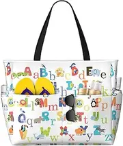[Ghjkfbf] Animal Alphabet Print Large Capacity Beach Travel Bag For Family, Beach Tote Bag For Women With Zipper Pockets, Black, One Size