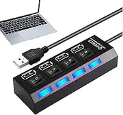 Powered USB Hub - Portable Multi-Port Data Adapter - Multipurpose USB Hub with Independent Button for Remote Work Co-Working Space Home Photography Game Setup Travel