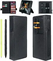 [Woluki] for Samsung Galaxy Z Fold 5 Case with S Pen Holder, Genuine Leather Wallet Case Built-in Slide Camera Cover, Hinge Protection, Kickstand, Stylus Slot Phone Case for Galaxy Z Fold5 5g (Black)
