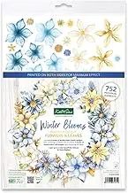 Katy Sue Winter Blooms Die Cut Flowers & Leaves Pack. 12 Sheets of Pre-Cut Double-Sided Paper Flowers & Leaves in Blues & Golds for Christmas Card Making Supplies