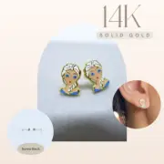 Elsa Earrings for Girls 14K Real Gold Stud Enamel Princess Earrings Made in USA
