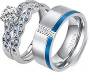 [loversring] Adjustable Size Wedding Ring Sets His and Hers Promise Ring Couples Bridal Sets Women 925 Sterling Silver Round Cz Man Titanium Wedding Bands