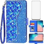 Asuwish Phone Case for Samsung Galaxy S10e Wallet Cover with Screen Protector and Wrist Strap Flip Credit Card Holder Bling Glitter Stand Cell Glaxay S 10e Gaxaly 10se Galaxies Se10 Women Girls Blue