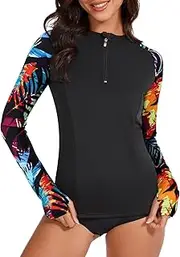 [Viracy] Women Rash Guard Long Sleeve Swim Shirts UPF 50 Sun Protection Zip Up Swimsuit Top Bathing Suit No Bottom, Colorful Leaf, Medium