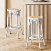 [OIKITURE] Wooden Bar Stool 2pc Kitchen Vintage Barstool with 65cm Rattan Mesh Seat and Metal Frame, Dining Chair Wooden Counter Barstools for Home Bar Dining Room, White