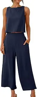 [HanzhuoLG] Women's Fallow TwoPiece Outfits Casual Summer Outfits Linen Crop Tank Top and Trousers 2Piece Sleeveless Leisure Suit with Pockets Trouser Suit Long Lightweight Fasion 12-Navy Small