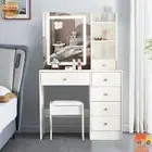 Modern Dressing Table Vanity Makeup Desk & Stool w/ LED Sliding Mirror Drawers