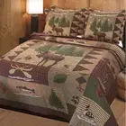 COZY TREE PINE LODGE SNOW FISH MOOSE BEAR PLAID HUNT LOG CABIN RUSTIC QUILT SET