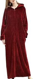 [Flygo] Womens Fuzzy Plush Long Hooded Robe Full Length Flannel Fleece Bathrobe Warm Housecoat