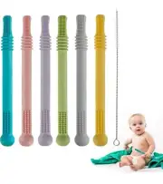 Hollow Teether Tubes, 6 Pack Chew Straw Toy for Infant Toddlers Silicone Teeth