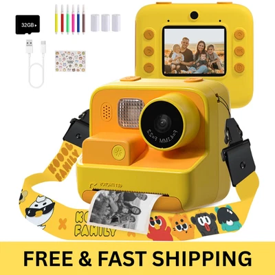 Kids Instant Print Camera 48MP Zero Ink 1080P Selfie Digital Camera 32GB Orange