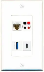 [4 Ports] CAT6 SPEAKER USB-3 USBC Wall Plate DecorZ White
