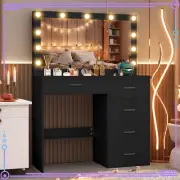 Black Vanity Desk Dressing Table With LED Light Mirror 5 Drawers Gifts For Girls