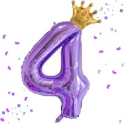 40 Inch Purple Number 4 & Mini Crown Balloon for Birthday Party Decorations, 4th