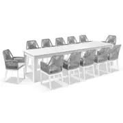 Santorini 3.55m Outdoor Rectangle Aluminium Dining Table with 12 Hugo Rope Chairs White - Grey Rope - Textured Olefin Grey