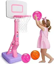Toddler Girls Basketball Hoop Outdoor Indoor Mini Adjustable Pink Basketball Goal with Ball Pump Kids Outside Backyard Game Inground Poolside Basketball Toy for 1 2 3 4 5 Year Old Girl Birthday Gift