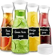 Set of 4 Glass Carafe with 8 Lids, 1 Litre Beverage Serveware Carafe, Milk Juice Container for Refrigerator, Clear Glass Pitcher for Bar, Cold Water, Juice, Milk, Lemonade - 4 Wooden Chalkboard Tags
