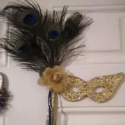 Gold Sequin Handcrafted Mardi Gras Mask Magnet W/Peacock Feathers, Gold Floral
