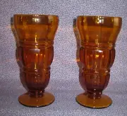 Vtg Two (2) Amber Gold Footed Soda Fountain - Parfait - Ice Cream Sundae Glasses