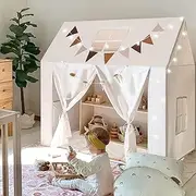 Large Kids Play Tent with Mat, XICEN Play Tent Indoor with Star Lights and Windows, Playhouse for Boys and Girls Aged 3+, Kid Tent with Mat Washable (Cream-Top Window)