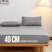 PILOO - Fitted 3-Piece Bed Sheet Set (Includes 2 Pillowcases), Deep Pocket (40cm), Extra Soft 2000TC Microﬁbre (Gray, Queen)