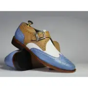 Pure Handmade Men's Three Tone Leather Single Monk Strap Dress Wingtip Shoes