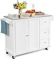 Giantex Kitchen Rolling Cart, Mobile Serving Cart, Kitchen Island w/Stainless Steel Countertop, 3 Drawers, 2-Door Cabinet, Adjustable Shelves, Towel Holder & Spice Rack (White)
