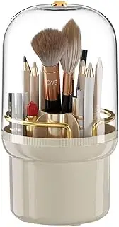 CESTATIVO Makeup Brush Holder, 360° Rotating Makeup Brush Organizer with Lid, Dustproof Cosmetic Brushes Storage with 7 Slots for Vanity Desktop Bathroom Countertop, Cream